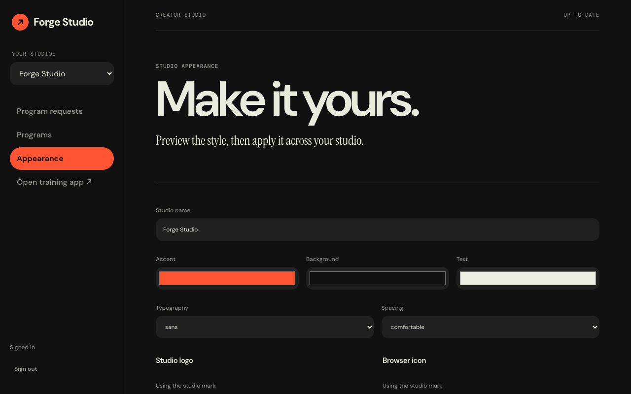 The appearance settings for a studio, with colour and typeface choices