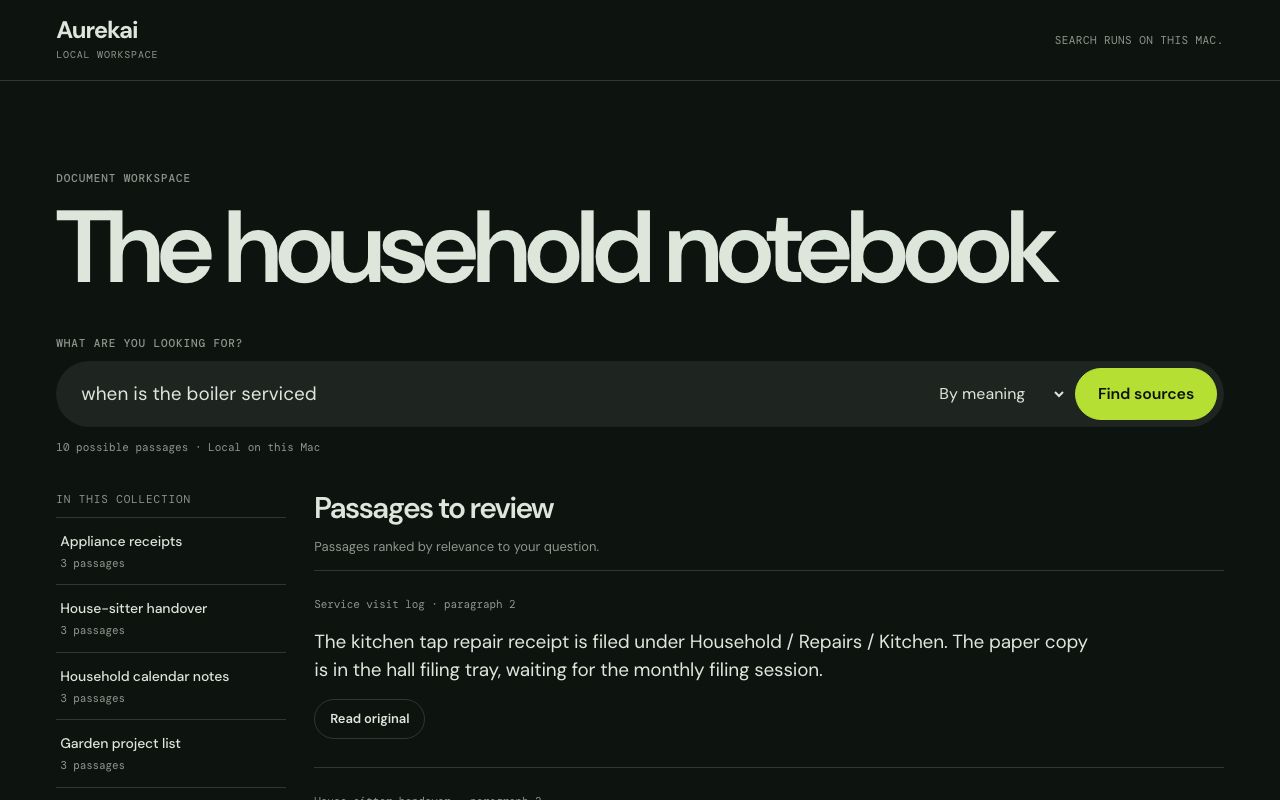 A question about a boiler service answered with passages from household papers