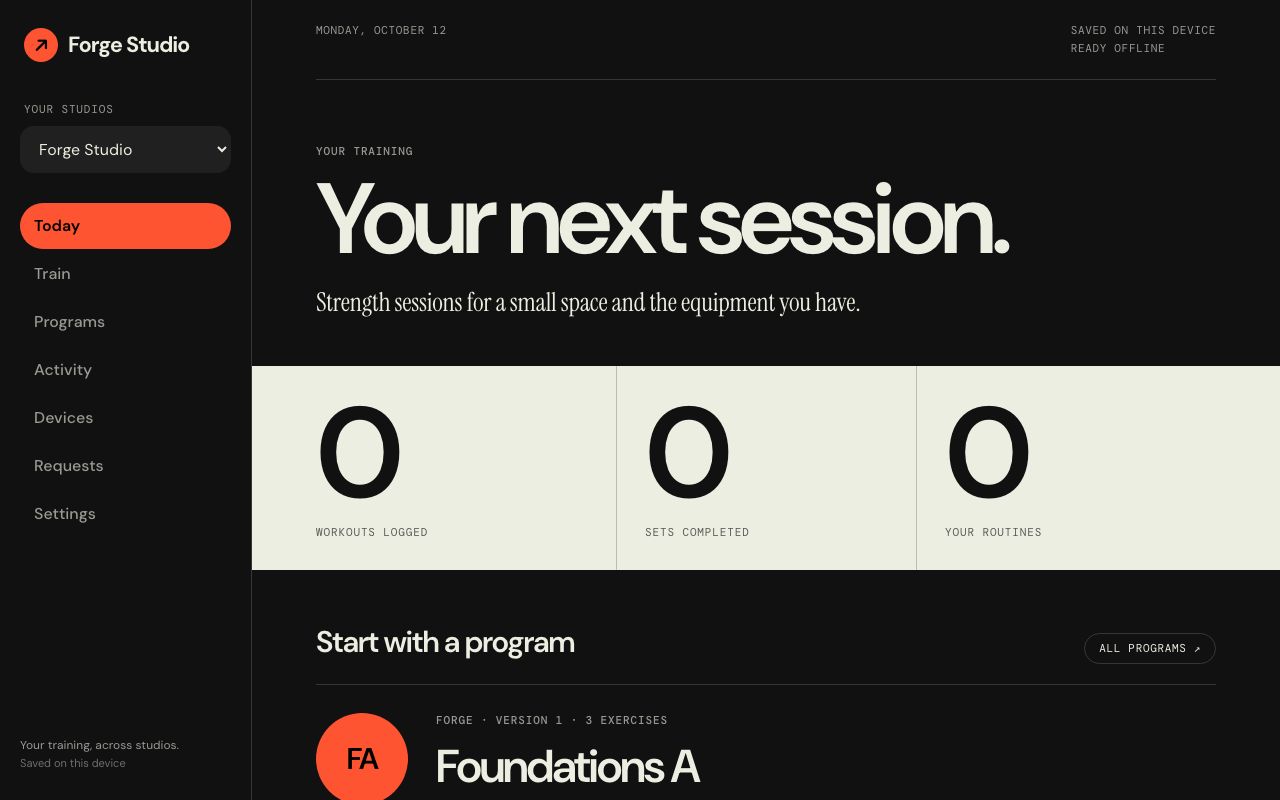 The Today screen of a studio training app showing the next session